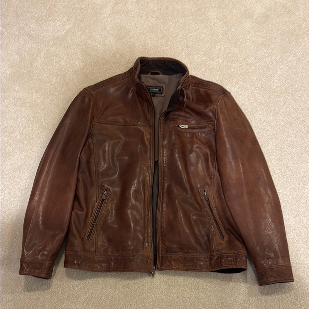 Brown Leather Jacket with Stand-Up Collar Large